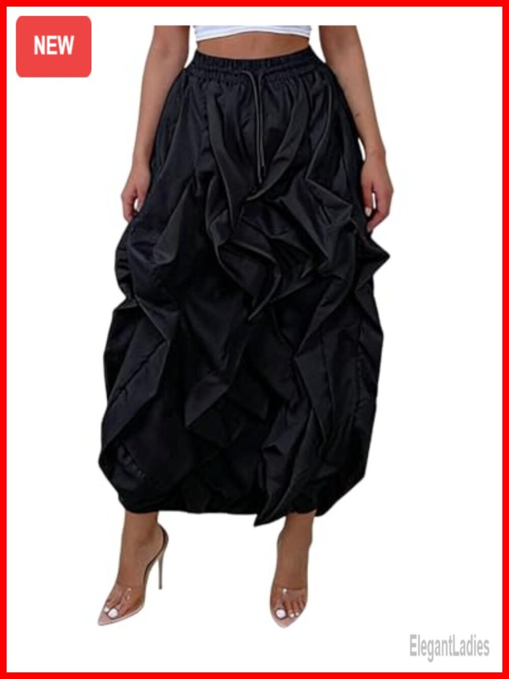 Pleated Cargo Maxi Skirt High Rise Bubble Hem Slit Stretch Pockets